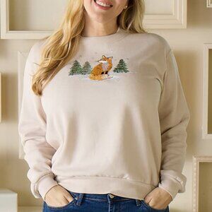 Morning Sun Cracker Barrel Fox & Tree Khaki Pullover Crew Neck Sweatshirt